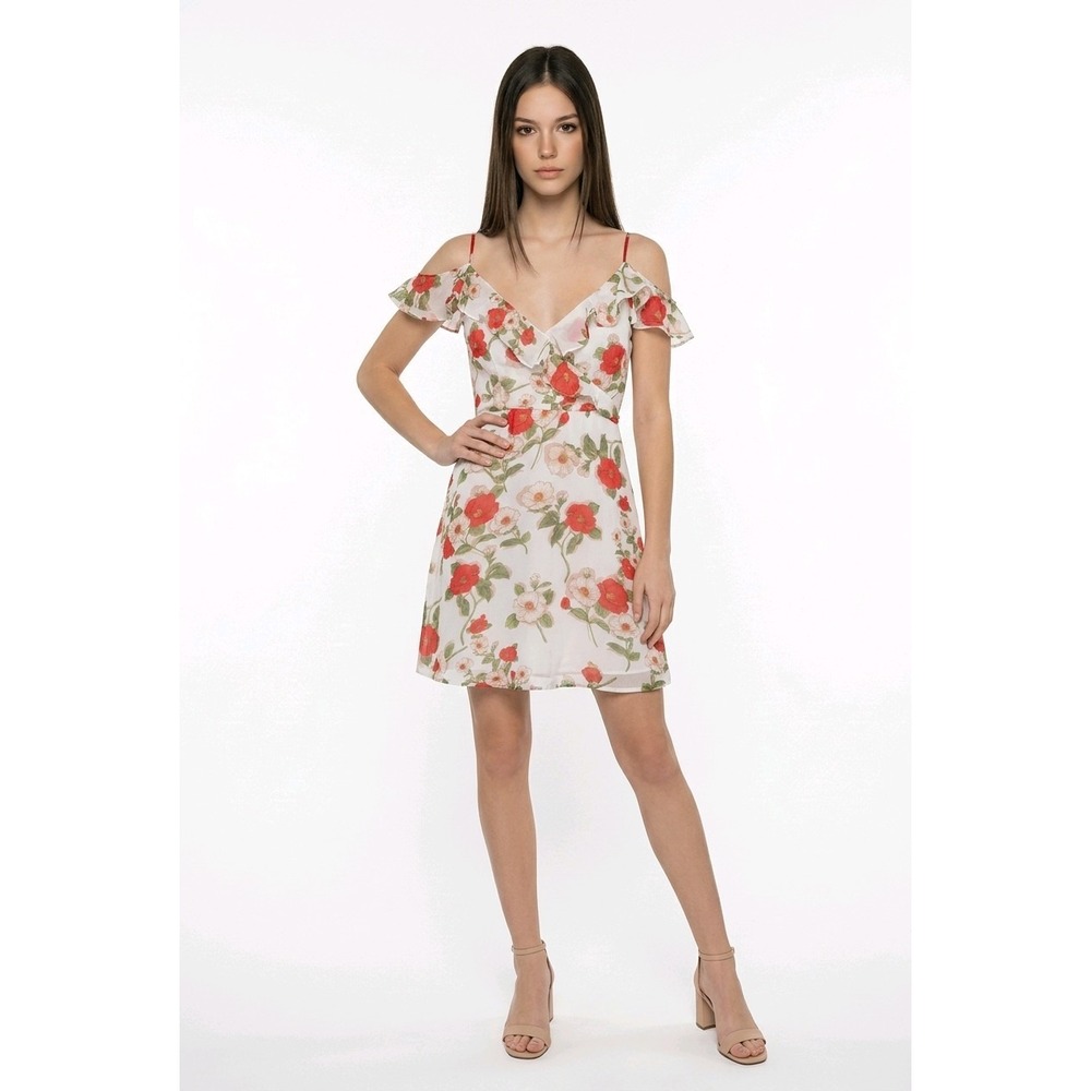 ESLEY Women's White Floral Dress Sz L Summertime Romantic Flirty Feminine 90's